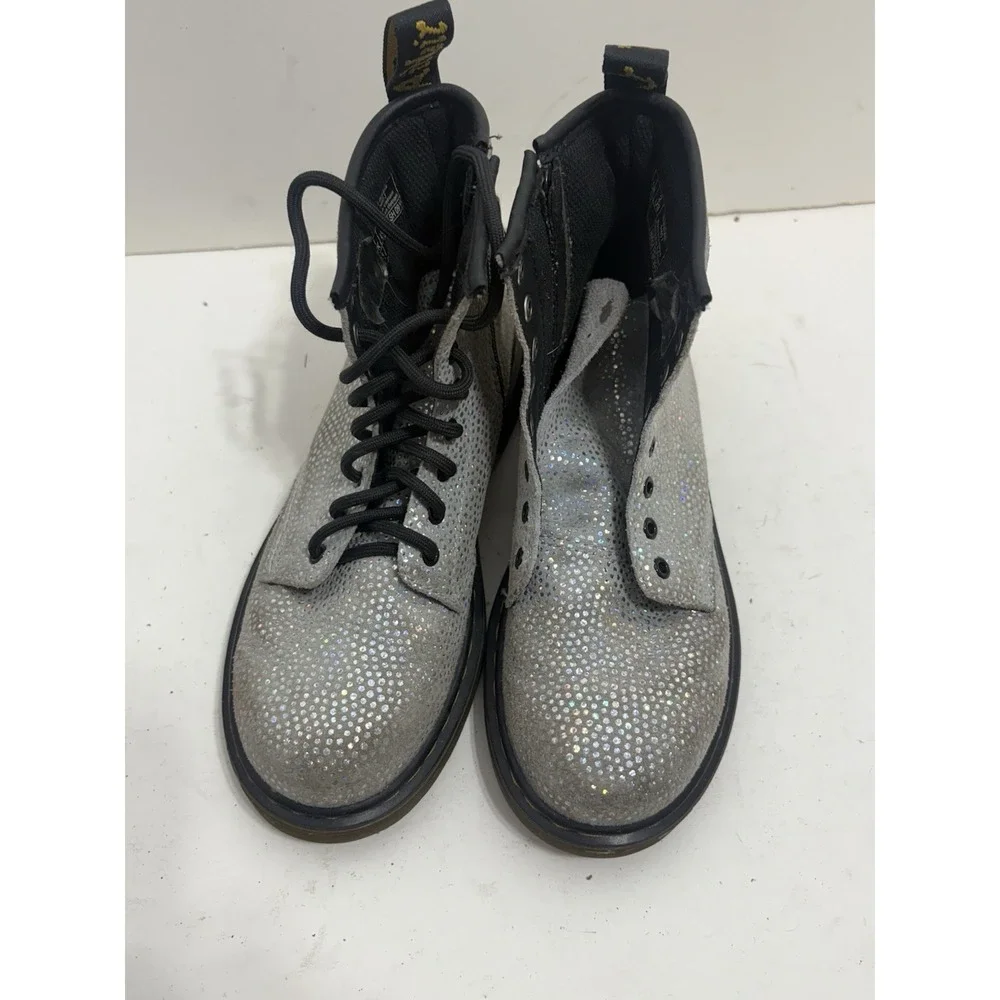Dr Marten's Junior 1460 Sparkle Silver‎ Lace Up Combat Boots Girls Size 2 Silver